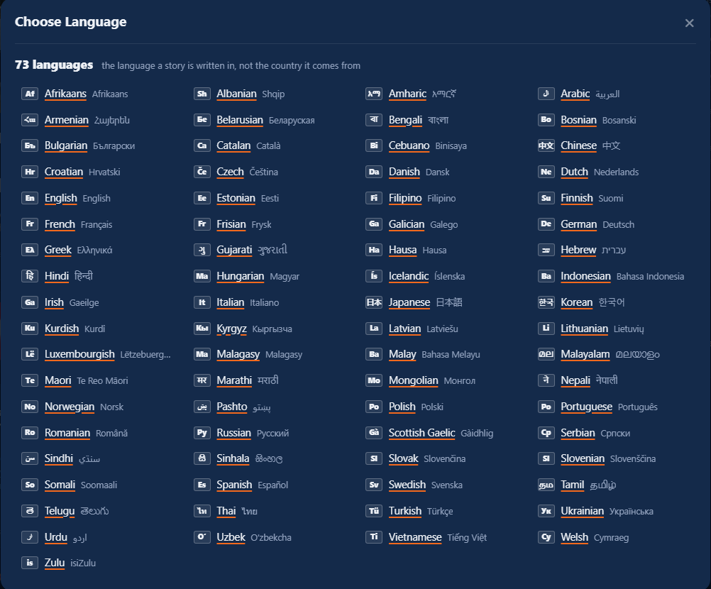 Il riquadro Choose Language con l'elenco delle 73 lingue